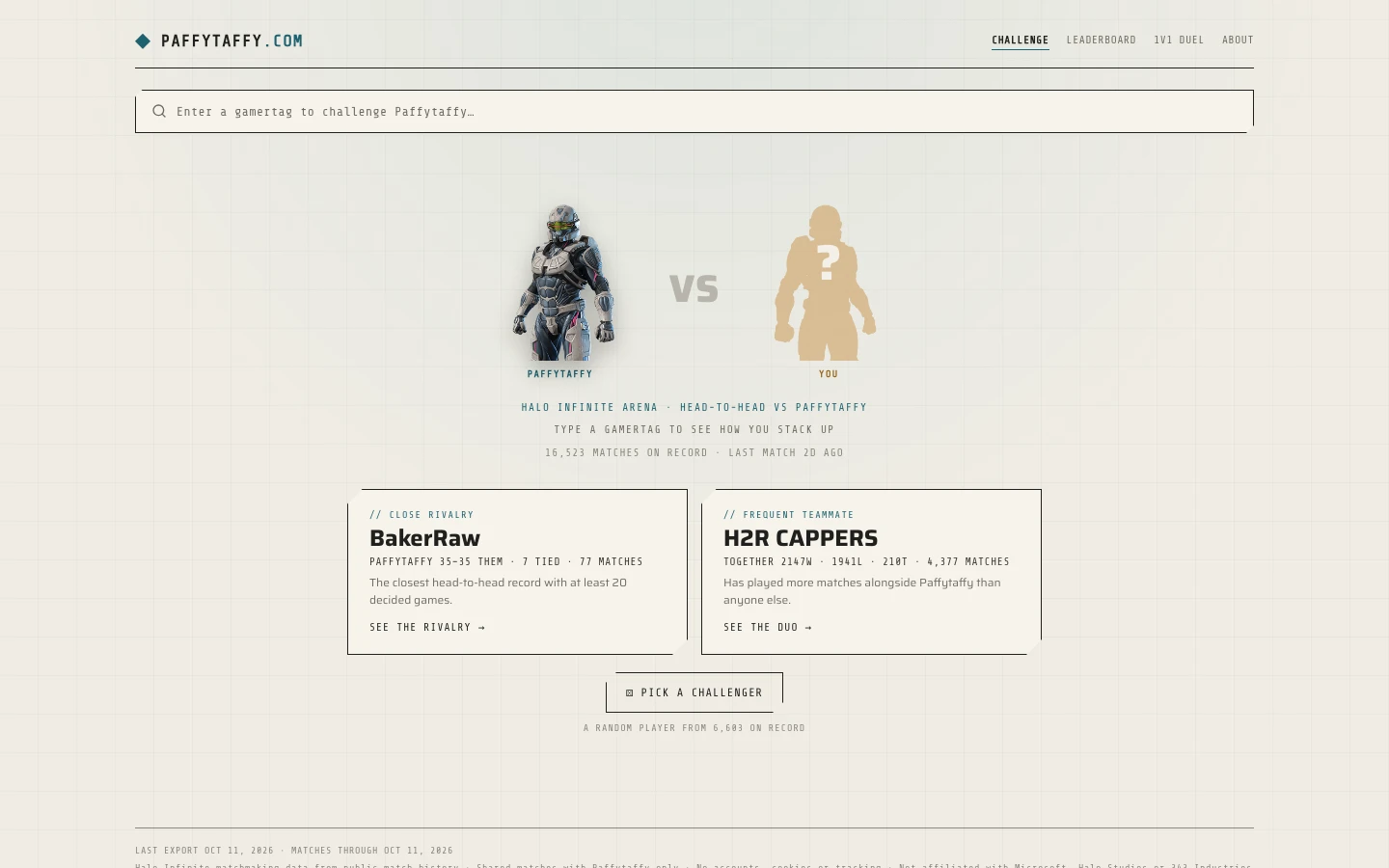 The paffytaffy.com home page: Paffytaffy's Spartan against a mystery challenger, a gamertag search, and featured head-to-head records