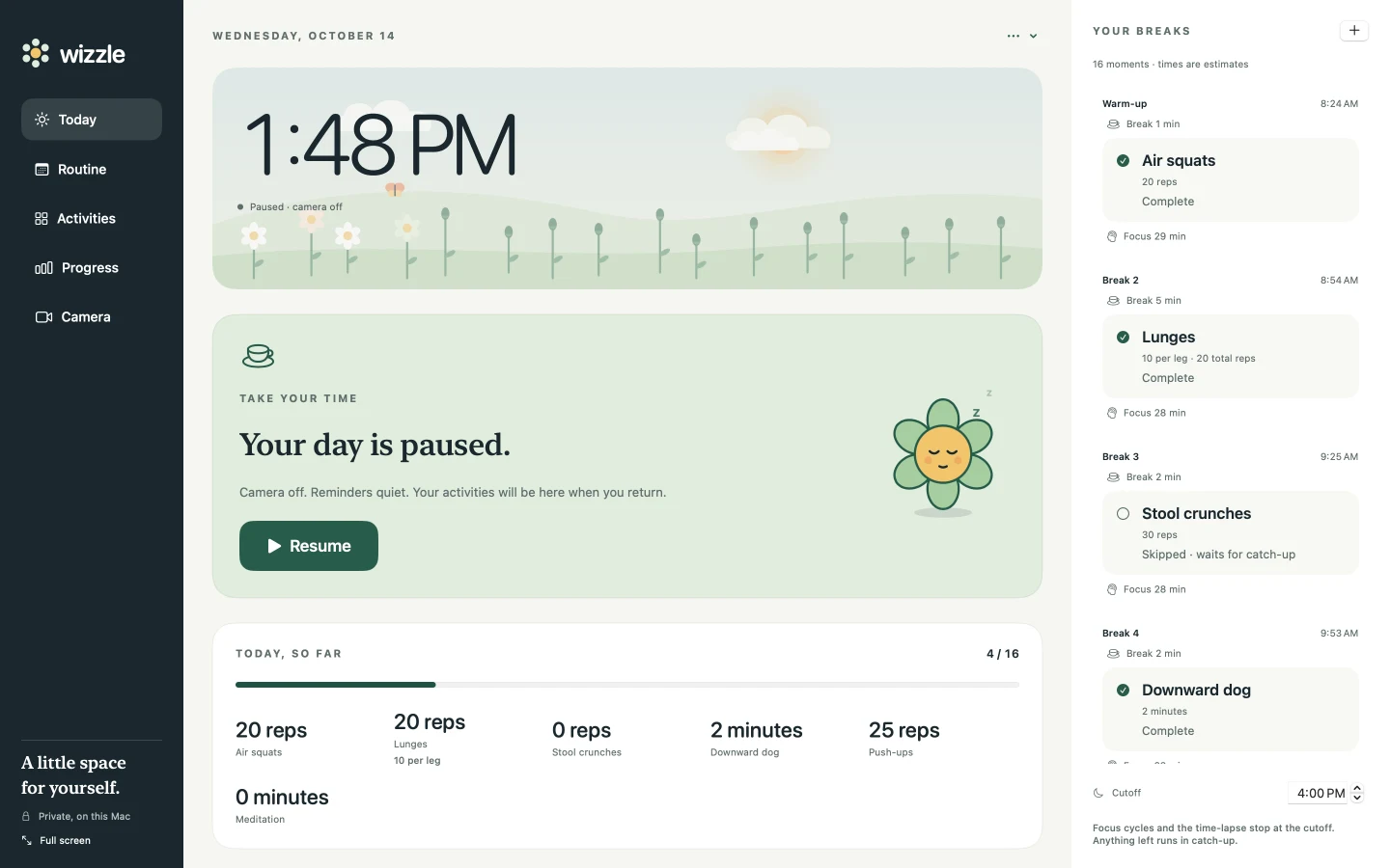 Wizzle's Today screen: the time over a meadow of flowers, a paused day with a Resume button, today's progress at 4 of 16, and the list of breaks: air squats, lunges, stool crunches and downward dog